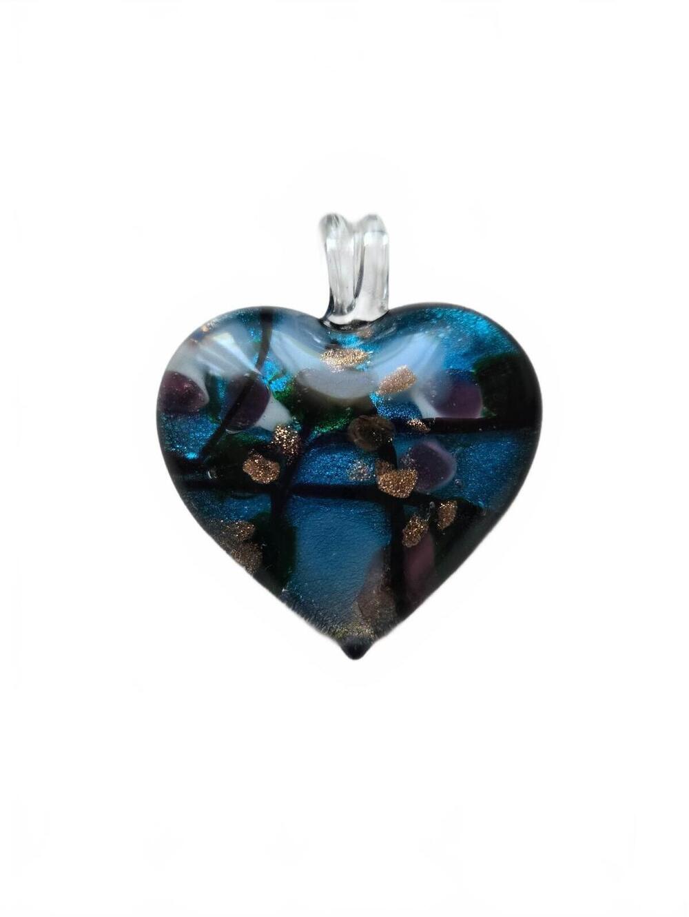 Pendant: Handblown Vintage Glass Heart Pendant Blue Foil